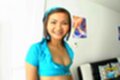 Wearing blue top