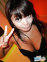 Gail flashing vee sign big tits in black strappy top