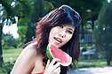 Bikini girl Nana Lee strips by pool eating watermelon