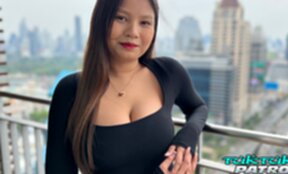 Breasty Alisa strips black dress and rides cock creampied pussy